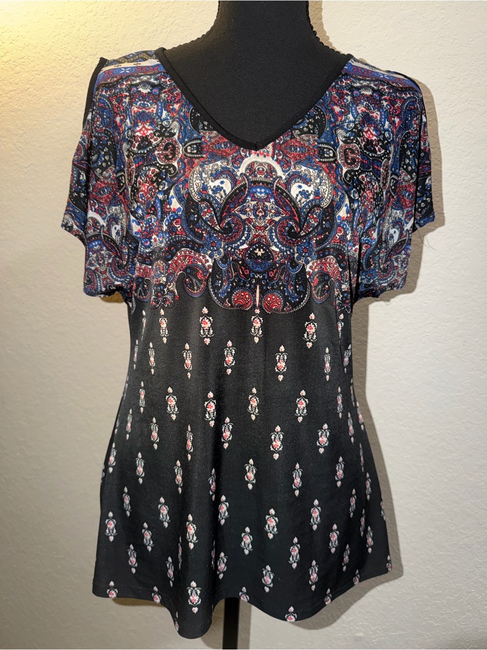 Agenda Black V-Neck Paisley & Floral Print Top with Blue and Red Accents